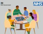 cartoon of six people sat round a table with the NHS and government logos in the top corners