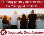 four people looking over a wall into the sunset. Text reads 'thinking about your next steps? There's support available'