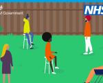 cartoon people sat in a garden while social distancing