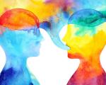 two watercolour heads with speech bubbles above them