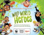 green text that reads 'wild world heroes' surrounded by cartoon animals and cartoon children