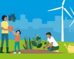 family planting a tree next to two wind turbines