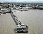 aerial shot of clevedon pier while the tide is in