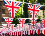 three rows of Union Flag bunting next to a red and white table cloth