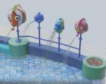 four plastic fish squirting water into a pool