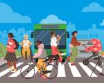 cartoon people crossing the road at a zebra crossing