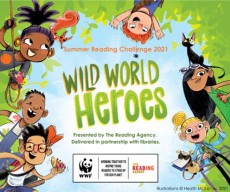 green text that reads 'wild world heroes' surrounded by cartoon animals and cartoon children