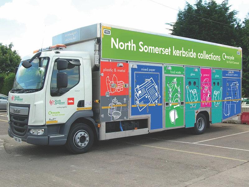 Recycling truck with brightly coloured livery in a car park