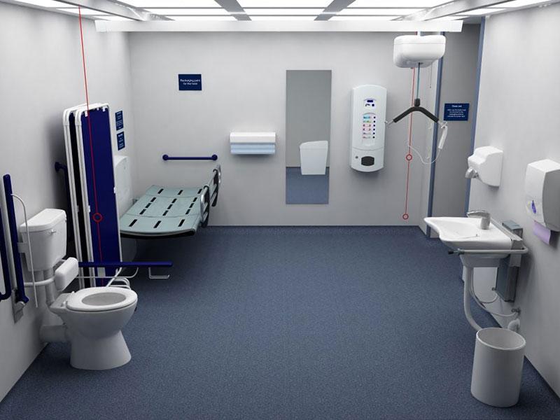 white room with an accessible toilet, changing bed and hoist