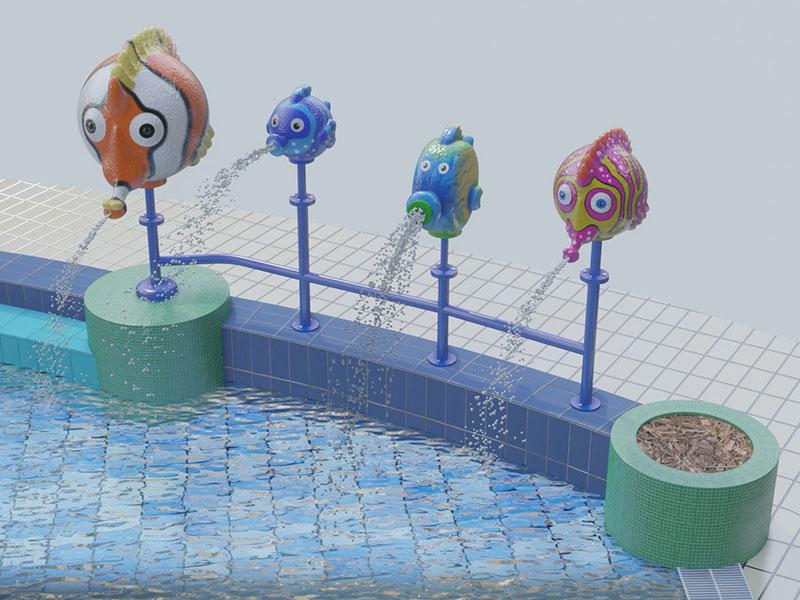 four plastic fish squirting water into a pool