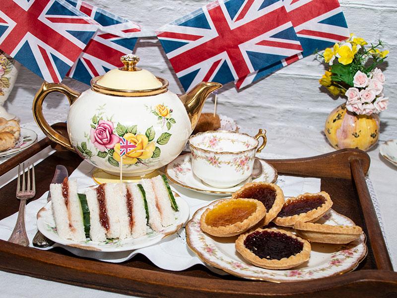 a tea set and bunting