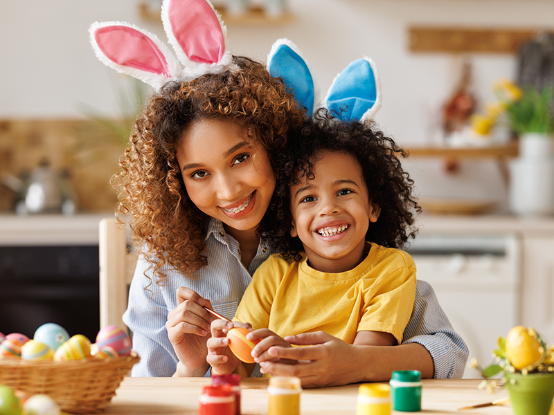 Mother and son doing Easter crafts