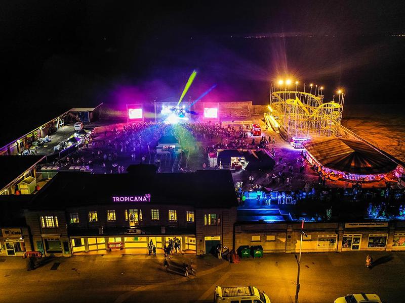 an overhead view of the Tropicana at night