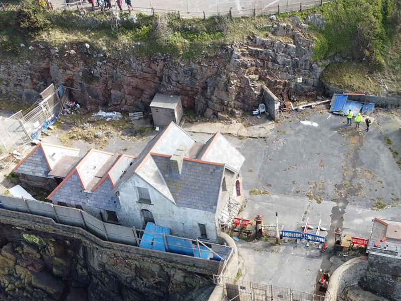 Overhead shot of landside buildings at Birnbeck Pier