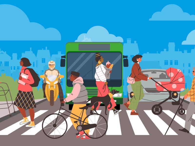 cartoon people crossing the road at a zebra crossing
