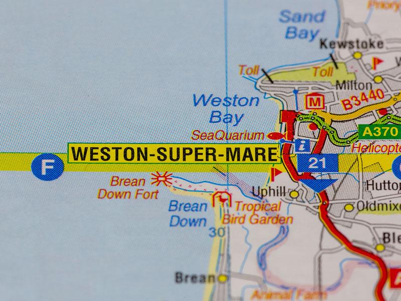 This map shows the area of Weston super Mare