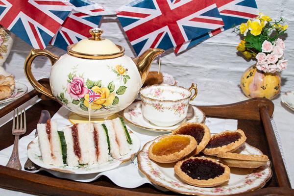 a tea set and bunting