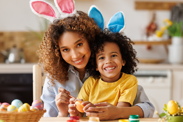 Mother and son doing Easter crafts