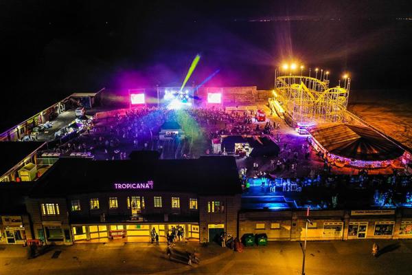 an overhead view of the Tropicana at night