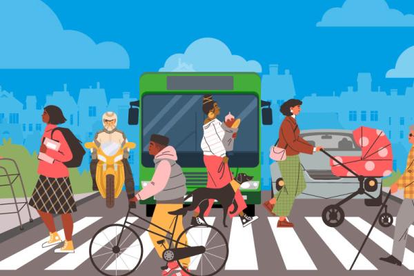 cartoon people crossing the road at a zebra crossing